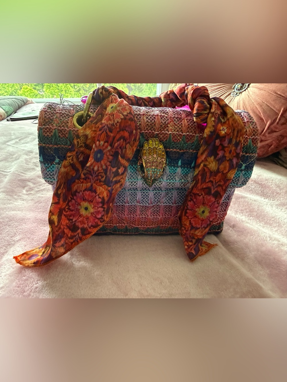 Woven Multicolor Handbag with Floral Scarf and Decorative Hand Accent